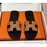 Good Product Hermes Classic Oran Flat Slides Sandal in Palm-Grained Leather Brown 0606160