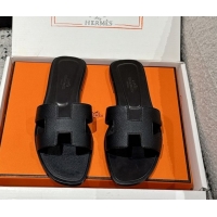 Duplicate Hermes Classic Oran Flat Slides Sandal in Palm-Grained Leather Black 0606145