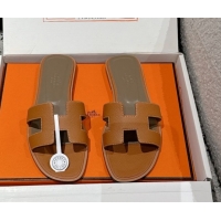 Grade Hermes Classic Oran Flat Slides Sandal in Palm-Grained Leather Brown 0606149
