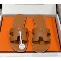Stylish Hermes Classic Oran Flat Slides Sandal in Palm-Grained Leather Brown 0606151