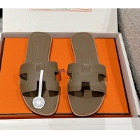 Popular Style Hermes Classic Oran Flat Slides Sandal in Palm-Grained Leather Grey 0606153
