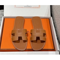 Trendy Design Hermes Classic Oran Flat Slides Sandal in Palm-Grained Leather Brown 0606155