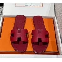 Good Quality Hermes Classic Oran Flat Slides Sandal in Palm-Grained Leather Dark Burgundy 0606159
