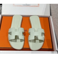 Pretty Style Hermes Classic Oran Flat Slides Sandal in Palm-Grained Leather Green 0606157