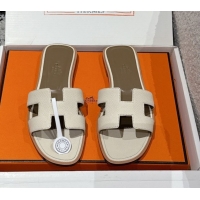 Best Product Hermes Classic Oran Flat Slides Sandal in Palm-Grained Leather White 0606161