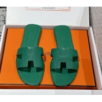 Good Looking Hermes Classic Oran Flat Slides Sandal in Palm-Grained Leather Green 0606163
