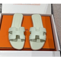 Luxury Discount Hermes Classic Oran Flat Slides Sandal in Palm-Grained Leather Green 0606164