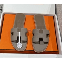 Most Popular Hermes Classic Oran Flat Slides Sandal in Palm-Grained Leather Grey 0606166