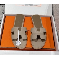Top Design Hermes Classic Oran Flat Slides Sandal in Palm-Grained Leather Grey 0606167