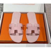 Durable Hermes Classic Oran Flat Slides Sandal in Palm-Grained Leather Pink 0606168