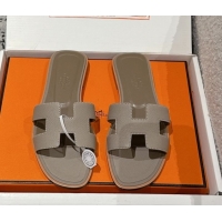 Luxury Cheap Hermes Classic Oran Flat Slides Sandal in Palm-Grained Leather Grey 0606169