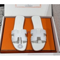 Classic Hot Hermes Classic Oran Flat Slides Sandal in Palm-Grained Leather White 0606171