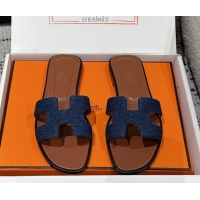 Shop Duplicate Hermes Classic Oran Flat Slides Sandal in Denim Navy Blue/Brown 0606173