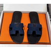 Good Quality Hermes Classic Oran Flat Slides Sandal in Denim Navy Blue/Black 0606174