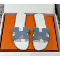 Low Cost Hermes Classic Oran Flat Slides Sandal in Denim Light Blue 0606175