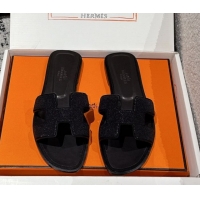 Big Discount Hermes Classic Oran Flat Slides Sandal in Suede and Strass Black 0606176