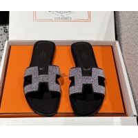 Discount Hermes Classic Oran Flat Slides Sandal in Suede and Strass Black 0606177