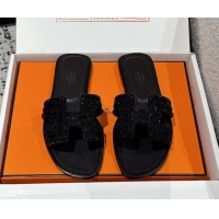 Best Grade Hermes Classic Oran Flat Slides Sandal in Suede and Strass Black 0606179