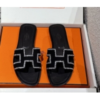 Grade Quality Hermes Classic Oran Flat Slides Sandal in Suede and Strass Black 0606181