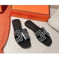 Duplicate Hermes Classic Oran Flat Slides Sandal in Suede and Strass Black/Silver 0606187
