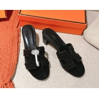 Top Design Hermes Classic Oasis Heel Slides Sandal 5cm in Suede and Strass All Black 0606189