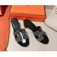 Top Grade Hermes Classic Oasis Heel Slides Sandal 5cm in Suede and Strass Black/Silver 0606192
