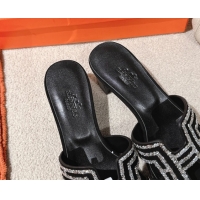 Top Grade Hermes Classic Oasis Heel Slides Sandal 5cm in Suede and Strass Black/Silver 0606192