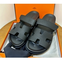 Good Quality Hermes Chypre Flat Sandals in Togo Calfskin Black 061102