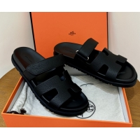 Good Quality Hermes Chypre Flat Sandals in Togo Calfskin Black 061102
