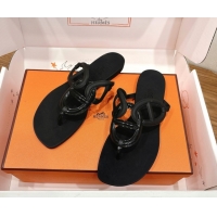 Luxury Discount Hermes Chaine d'Ancre Rubber Flat Thong Slides Sandal Black 0708025