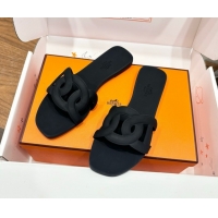 Top Design Hermes Chaine d'Ancre Rubber Flat Thong Slides Sandal Black 0708029
