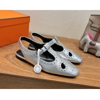 Grade Quality Hermes Kim Flat Sandals in Openwork Calfskin Silver 2025 H251178