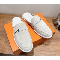 Classic Hot Hermes Likely Flat Mules in Suede with Mini H Buckle Grey 2025 H252805