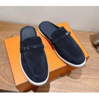 Best Price Hermes Likely Flat Mules in Suede with Mini H Buckle Dark Blue 2025 H252805