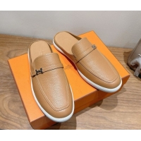Purchase Hermes Likely Flat Mules in Grained Calfskin with Mini H Buckle Dark Beige 2025 H252805