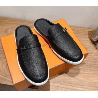 Best Grade Hermes Likely Flat Mules in Grained Calfskin with Mini H Buckle Black Upper 2025 H252805