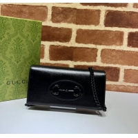 Famous Brand Gucci Horsebit 1955 GG Canvas Wallet with Chain 621892 All Black 2024