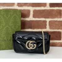 New Design Gucci GG Marmont Patent Chevron Leather Super Mini Bag ‎476433 Black 2024