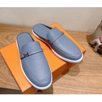 Top Grade Hermes Likely Flat Mules in Grained Calfskin with Mini H Buckle Blue 2025 H252805
