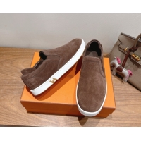 Good Product Hermes Lucky slip-on sneakers in Suede with with signature "H" Dark Brown 2025 H252894