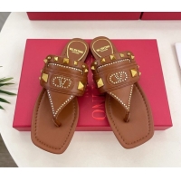 Shop Cheap Valentino Plaster Caster Flat Thong Slides Sandal in Calfskin Brown 0603078