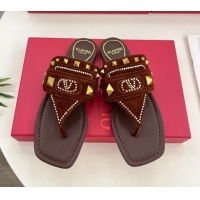 Luxurious Valentino Plaster Caster Flat Thong Slides Sandal in Suede Brown 0603082