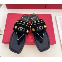 Top Design Valentino Plaster Caster Flat Thong Slides Sandal in Suede Black 0603083