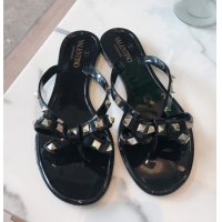 Luxurious Valentino Rockstud Rubber Flat Slides Sandal with Bow Black 0711045