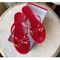 Luxury Discount Valentino Rockstud Rubber Flat Slides Sandal with Bow Red 0711046