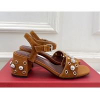 Good Product Valentino Nellcôte Heel Sandals 6cm in Suede with Ball Studs Tan Brown 0711052