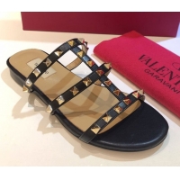 Stylish Valentino Classic Rockstud Flat Slides Sandal in Calfskin Leather Black 0711053