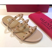 Good Quality Valentino Classic Rockstud Flat Slides Sandal in Calfskin Leather Nude 0711054