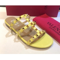 Unique Style Valentino Classic Rockstud Flat Slides Sandal in Calfskin Leather Yellow 0711056