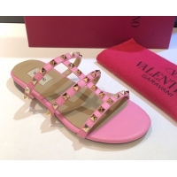 Pretty Style Valentino Classic Rockstud Flat Slides Sandal in Calfskin Leather Pink 0711057